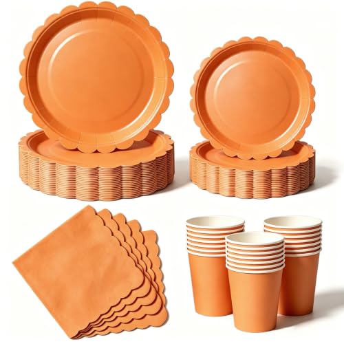 Nkaiso Set de Vaisselle Jetable 50 Pièces Orange, Service Tout-Inclus pour 10 Personnes - 10 Assiettes Plates, 10 Assiettes Dessert, 10 Gobelets, 20...