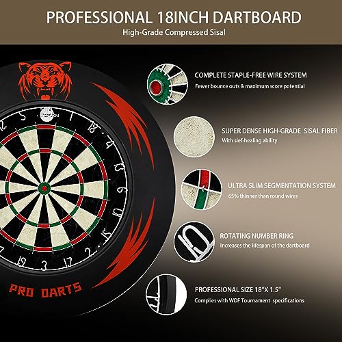 Foto von Dartscheibe Steeldart Set mit Dartscheibe Schutzring und Stahlpfeilen, Darts Surround Set aus komprimiertem Sisal-Metalldraht mit drehbarem Zahlenring, inklusive 6 Stück 18 g Darts