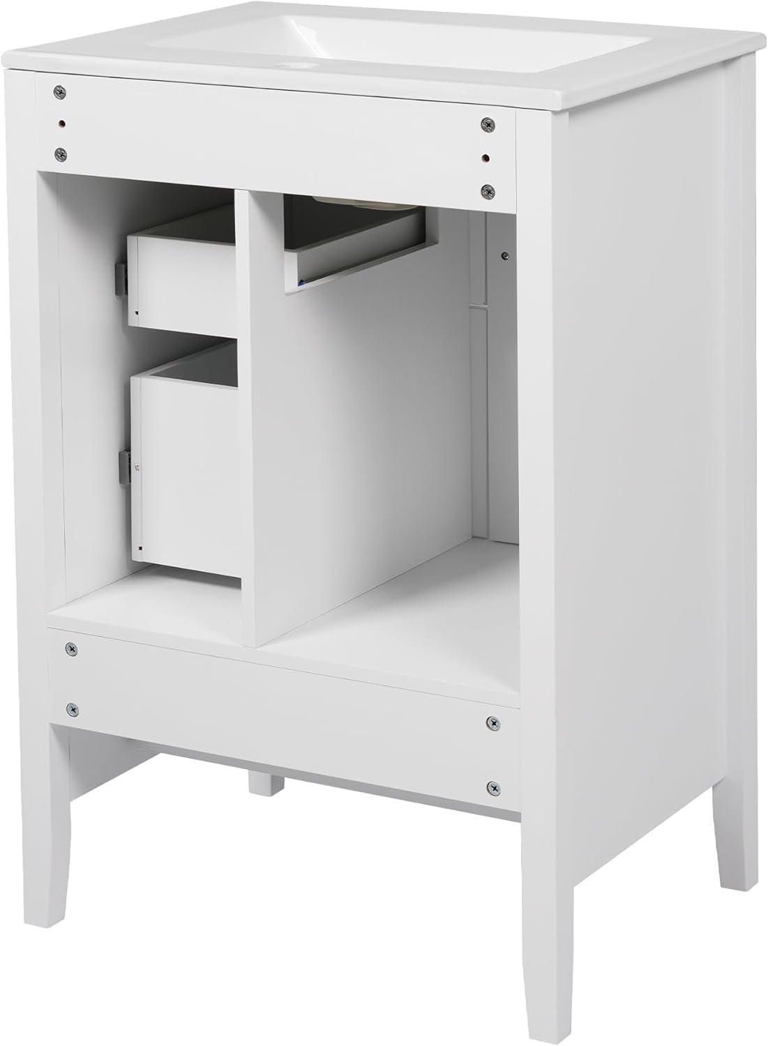 24 Inch Retro Bathroom Vanity with Sink & Storage - Freestanding Small Sink Cabinet Featuring Soft-Close Drawers, Ceramic Basin, Vintage Handles, and Open-Back Plumbing Access, White