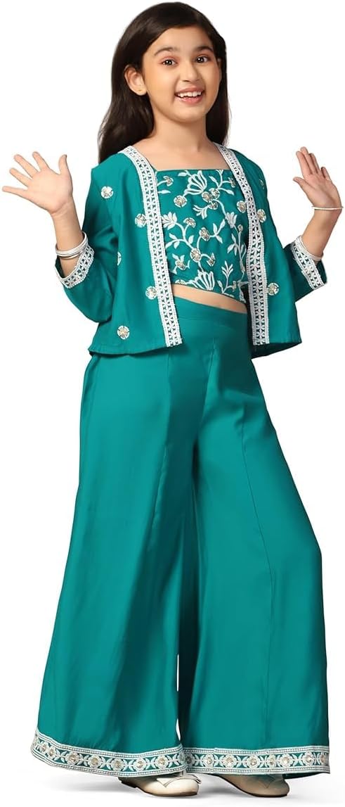 DREAMANGEL FASHION Girls Silk Blend Traditional Square Neckline Embroidered Indo Western Top and Palazzo Set