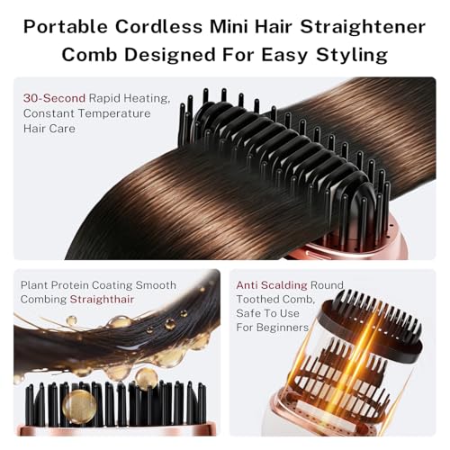 Image of Mini Hair Straightener Rechargeable Mini Cordless Hair Straightener Portable Hair Straighteners Hot Comb USB Rechargeable Heated Styling Brush 2 Heat Settings Travel Hair Straighteners- White