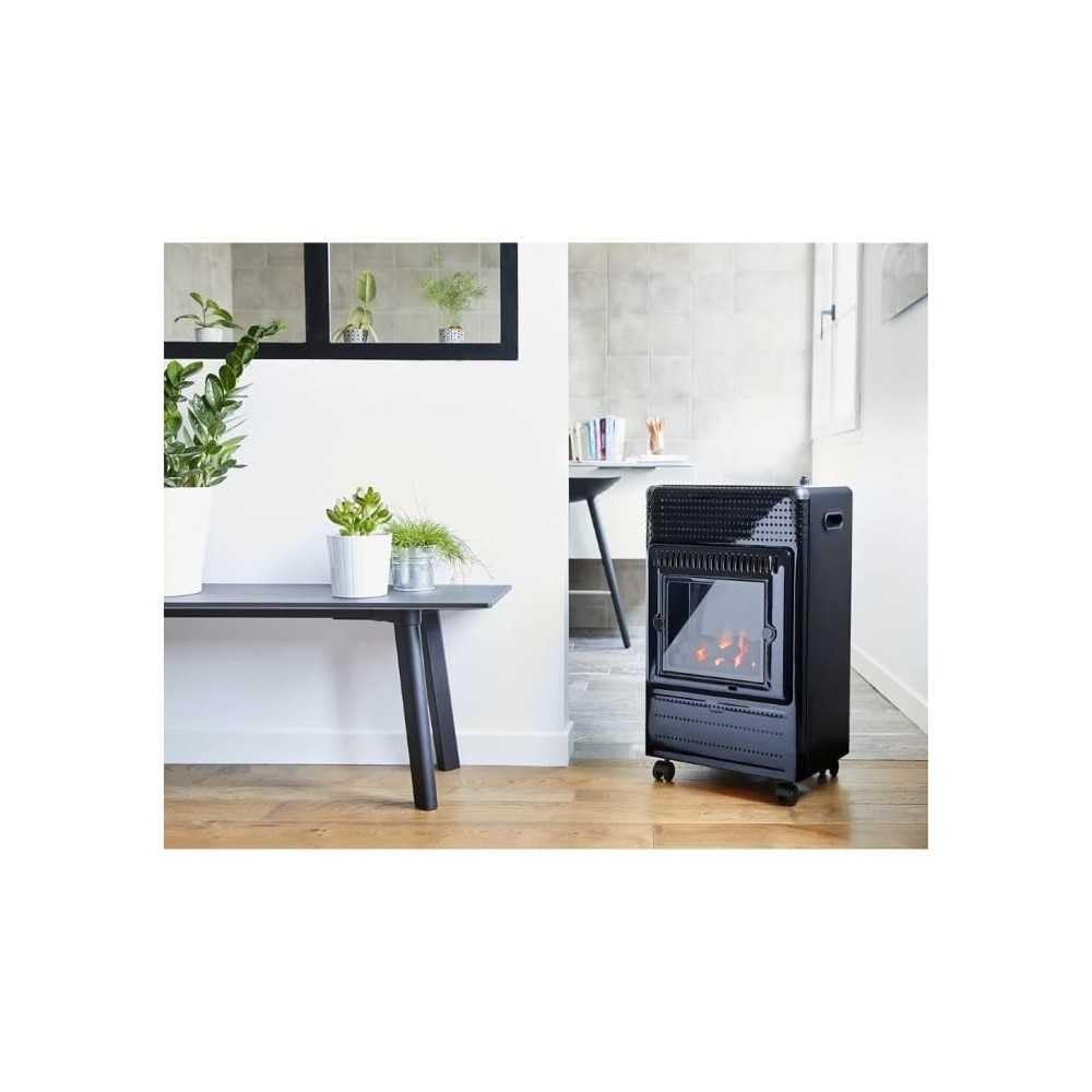 FAVEX - Poêle à gaz infrableu Ektor Fire - Chauffage d'appoint à gaz - Intérieur - Brûleur Inox Infrableu effet feu de cheminée - 3 Puissances de Chauffe - jusqu'à 35 m² - Noir