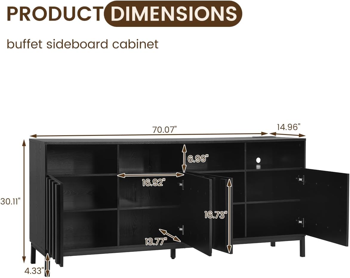 COCO DESIGN 70" Large Buffet Sideboard Cabinet with Power Outlets & Adjustable Shelves, Modern Farmhouse Accent Storage Credenza Console for Kitchen, Living Room, Classic Black