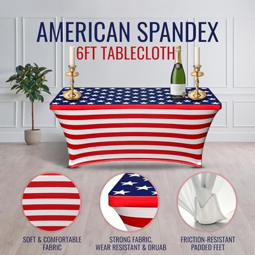 HandinHandCreations Spandex 6FT Tablecloth - Washable, Fitted Rectangular Table Cover 4th of July, Memorial Day, Birthday, Christmas Theme One Pack (2, Red White Blue, 72x30 inches)