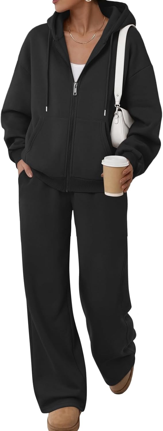 Trendy Queen Womens 2 Piece Zip Up Hoodie Sweatsuits Wide Leg Lounge Sets