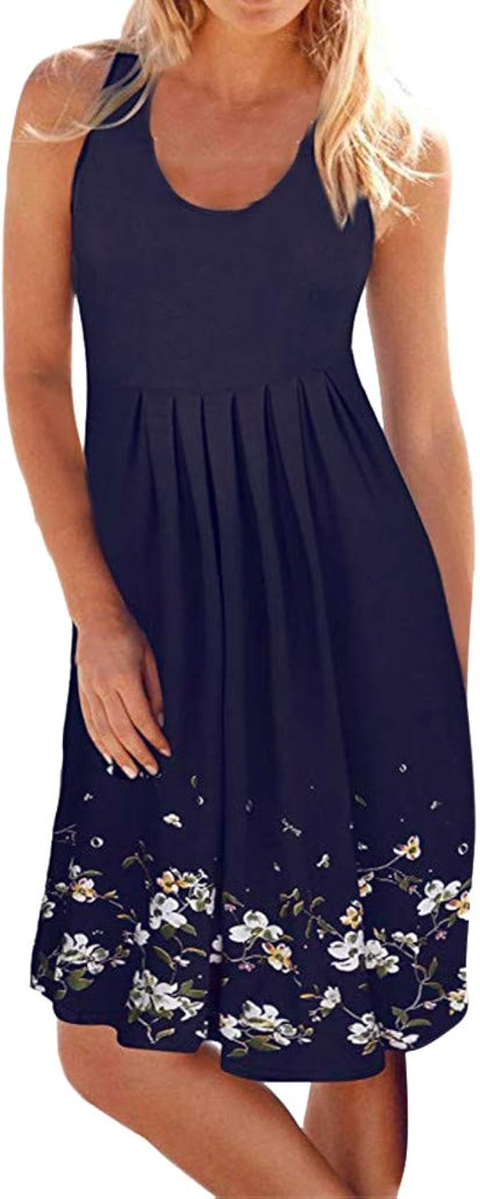 Vestito estivo da donna Gibobby senza maniche, a canottiera, largo, casual,  svasato, con motivo floreale, lunghezza al ginocchio, taglie forti - navy -  Small : Amazon.it: Abbigliamento
