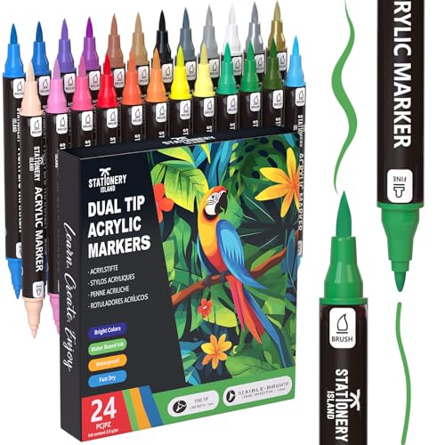 STATIONERY ISLAND Acrylfarbstifte, 24 Farben, Farbmarker, Doppelspitze, Acrylmarker für Steinmalerei, Stein, Glas, Keramik, Holz, Metall, Stoff, feine und Pinselspitze, Acrylstifte auf Wasserbasis