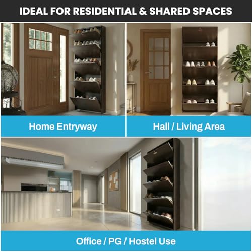 Image of Skywave Luxury Wall Mounted Metal Shoe Rack for Home - 5 Shelf, Holds Up to 25 Pairs|Central Locking Shoe Cabinet|Space Saving|Heavy Duty Steel|3 Year Warranty (Coffee Brown, 21 Inches) 1DAY DELIVERY