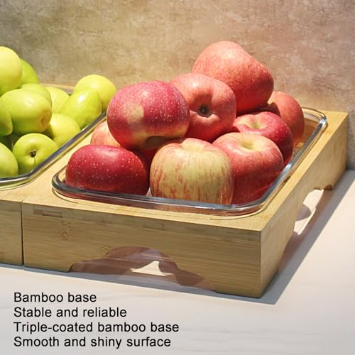 Szklana salaterka z drewnianym stojakiem, ekspozycja na owoce na blacie, przekąski bufetowe, dozownik przystawek