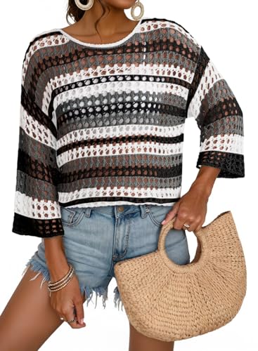 Dokotoo Summer Tops for Women Crochet Knitted Hollow Out Striped Color Block Spring 3/4 Length Sleeve Casual Loose Lightweight Soft Sweaters Shirts Beach Vacation Clothes Outfits 2026 Black X-Large