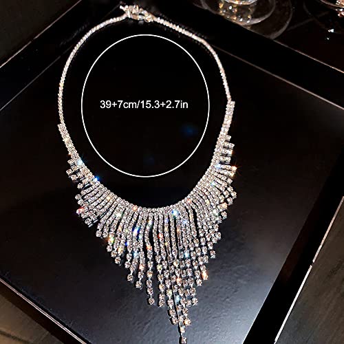 Xerling Rhinestone Tassel Fringe Chain Necklaces Silver Crystal Statement Bib Necklaces Bling Wedding Bridal Collar Choker For Women And Girls #TOP2