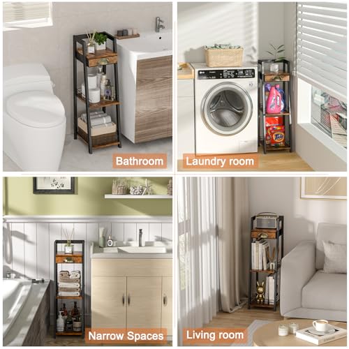 keomaisyto 3-Tier Narrow Bathroom Shelves with Drawer, Bathroom Organizers and Storage, Open Floor Ladder Shelf, Freestanding Tower Slim Standing Unit for Small Spaces - Rustic Brown by keomaisyto - Used condition - Image 6