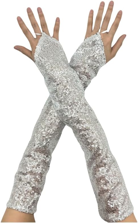 Fashion Long Sequins Lace Fingerless Gloves Sparkly Gloves for Glitter Rave Party Costume Performances Wedding Evening Prom