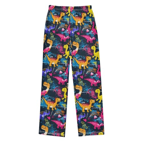 ALAZA Colorful Dinosaurs with Hearts Pajamas Bottoms with Pockets Comfy Pjs Sleepwear Elastic Waistband Pajamas Pants Lounge Pants for 6-14 Years