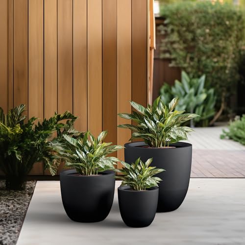 Image of Kante Set of 3 Black Concrete Bowl Planters 18 inch 14 inch 18 inch Dia