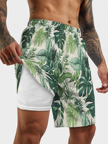 Mens Swim Trunks with Compression Liner,Tropical Palm Leaf Men's Inseam Board Shorts Quick Dry Bathing Suit for Men/Boys2