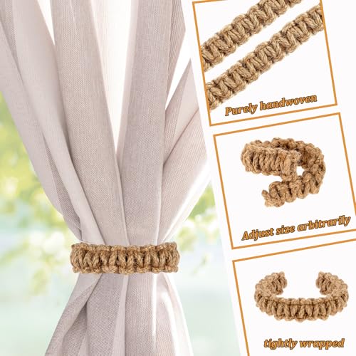 Ptwola Paquete de 2 alzapaños trenzados para cortinas, estilo bohemio, cuerda de cáñamo, elegante, soporte para cortinas rústicas, accesorios de gancho, sin taladro, para el hogar, al aire libre, - imagen 3