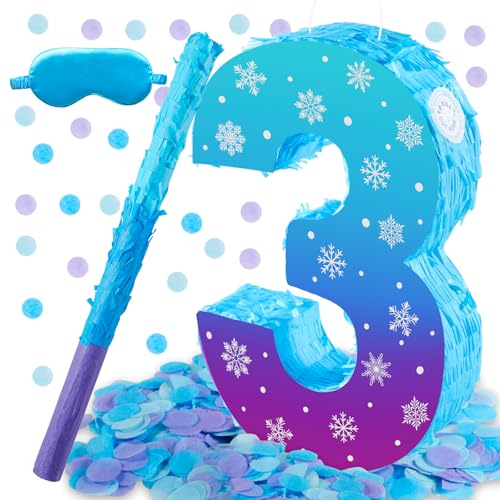 Snowflake Birthday Decorations, Winter Ice Snowflake Number 3 Pinata with Stick Blindfold and Confetti Snowflake Piñata 3rd Birthday Party Decoration & Supplies (Snowflake 3)