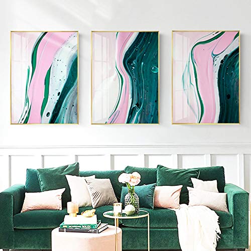 Toile abstraite verte et rose triptyque moderne pour décorer une chambre parentale chic