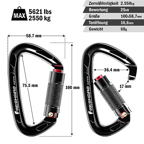 Foto von FresKaro Kletter Karabiner, Schraubkarabiner mit Große öffnung, Karabinerhaken Klettern, Carabiner Schwarz Matt, Schraubverschluss Groß, für Hängematte, Feuerwehr, Extra Stark 2550kg, 2 Stücke