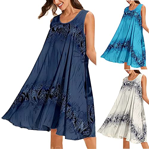giokfine Women's Midi Dress Plus Size Sleeveless Skirt Floral Printing Casual Dresses Beach Loose Fit Sundress Vestir, Light Blue, XX-Large
