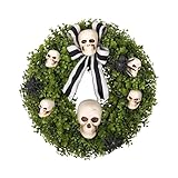 LushNook Halloween Wreath for Front Door 20 Inch, with Faux Boxwood Skull Spider - Halloween Wreath Decoration for Home, Farmhouse, Office Door Wall Indoor/Outdoor
