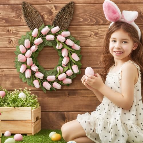 Norme Easter Bunny Ears Wreath for Front Door Spring Tulip Easter Bunny Rabbit Rattan Silk Wreath with Green Leaves Artificial Pink Tulip Flower for Front Door Outdoor Indoor Wall Window Decor by Norme - Image 6
