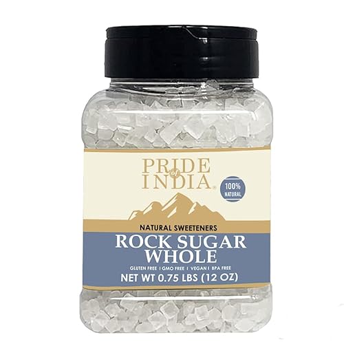 Pride Of India - Natural Crystal Rock Sugar Whole - 12 oz (340 gm) Medium Dual Sifter Jar - Authentic Indian Sugar Crystals - Used to Sweeten Milk or Tea - Offers Best Value for Money - Rock Sugar - 12 Ounce (Pack of 1)