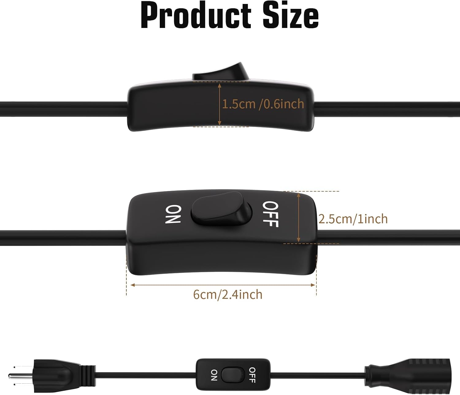 Extension Cord with Switch On/Off 3 Prong,1625W 18AWG Black Indoor Power Cord, 3A 125V NEMA 5-15P to NEMA 5-15R Grounded Plug Receptacle 6FT