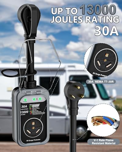 Image of RV Surge Protector 30 Amp, 13000 Joules Circuit Analyzer for Camper | RV Adapter Plug with Waterproof Cover for Travel Trailers (30AMP-Grey)
