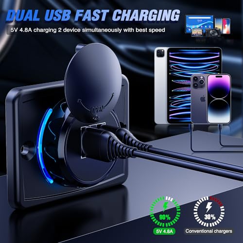 Image of Nilight Quick USB Outlet Socket Dual USB Connector | 12V 24V Dual USBs 5V 4.8A Car Outlets with Waterproof Cover Rotating Cap LED Light for Cars Trucks Motorcycle RVs Campers