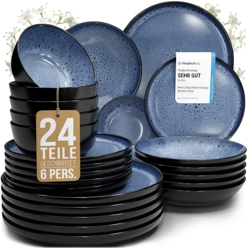 Produktfoto von Steingut Geschirrset 6 Personen Ibiza 24 tlg. TESTSIEGER, Traumhaftes Mediterranes Steingut Geschirr Set, Schüssel- und&hellip;