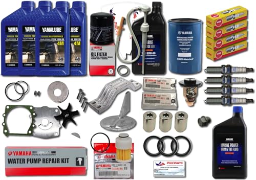 4-Stroke Outboard 100 Hour Maintenance Kit with Water Pump Rebuild Repair Kit, Thermostat, Fuel Filters, Spark Plugs, Trim Tab, Anodes, Lower Unit Gear Lube, Gaskets Fits Yamaha 2004-2005 F115