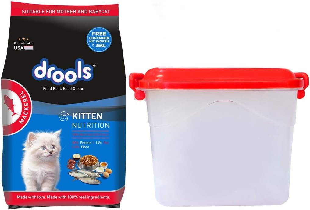 Drools Kitten Dry Cat Food, Mackerel, 1 Kg (Free Container) | 100% Balanced Diet with Real Fish, DHA for Brain Development, Taurine for Heart, Omega for Healthy Skin | for Weaning Kitten & Mother