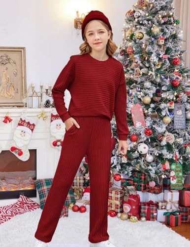 Arshiner Girl's 2 Piece Outfit Sweater Set Batwing Sleeve Knit Pullover Straight Leg Pants Tracksuit with Pockets 2 51Azue6YHbL. AC