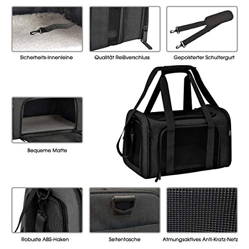 Qlfyuu Transporttasche für Katze Hund, Faltbare Tragebox für Mittel Kleine Haustiere im Flugzeug, Transportbox für Haustiere , 15lbs Katzen Hunde Tragebox(Schwarz, Medium)