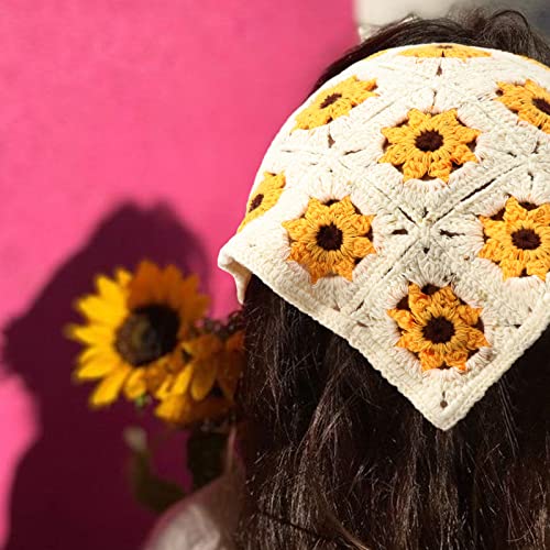 Image of DRESHOW Floral Crochet Hair Bandana 2 PCS Tie Knotted Daisy Headscarf Vintage Headband Knitted Head Kerchief for Women&Girls