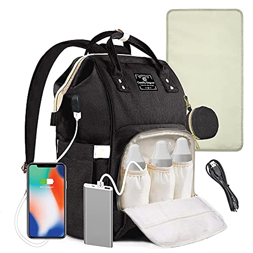 ComfyDegree Baby Bag Diaper Changing Backpack Waterproof Large Capacity Travel Rucksack w/Pacifier Holder USB Cable Stroller Straps Insulated Warmer Pockets for Mom and Dad(Black)