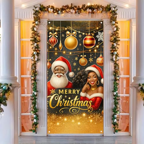 Image of BlissYard Holiday Door Cover Black Santa Mrs Claus 35x71 Inch Polyester