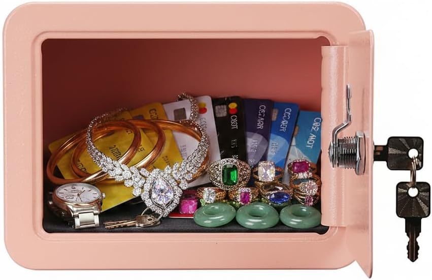 Mini Safe With Key And Wall Mounting Kit - 0.23 Cubic Feet Security Box For Cash, Jewelry, Passport - Ideal For Home,Dorm, And Travel (Pink (Key), 0.23 Cu ft(Round Corner))