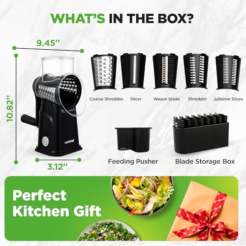 NutriChef 5 in 1 Cheese Grater & Shredder | 5 Different Blades for Thin, Thick, Julienne Strips, Wavy, & Straight Strips | Includes Hand Crank, Strong Suction Base & Storage Container | Black by Nutrichef - Image 8
