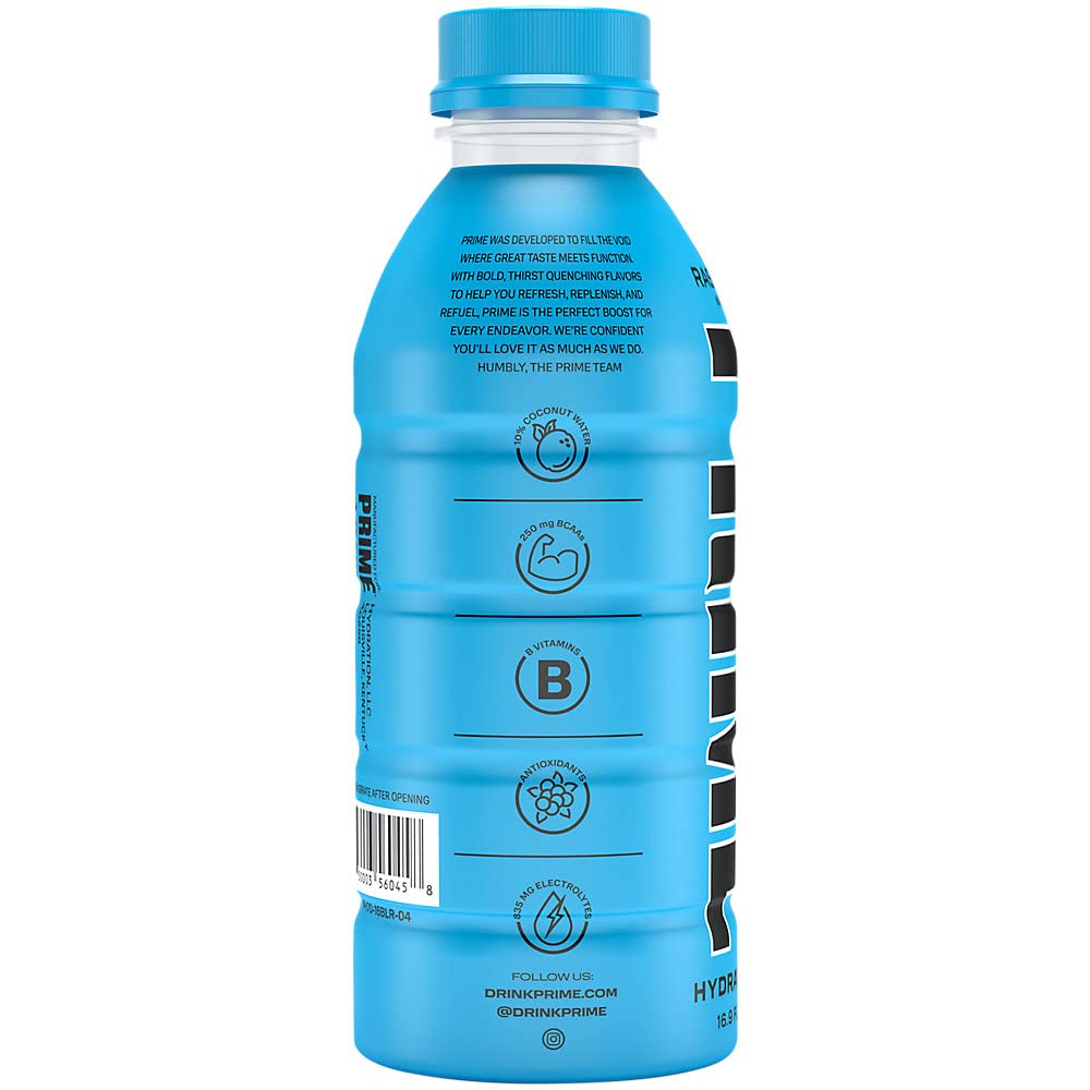 PRIME Hydration BLUE RASPBERRY, Sports Drinks, Electrolyte Enhanced for Replenishing Fluids, 250mg BCAAs, B Vitamins, Antioxidants, Low Sugar, 16.9 Fl Oz, 12 Pack