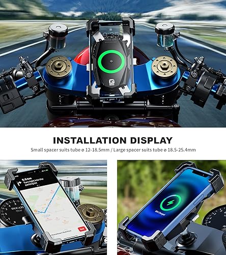 Kewig Motorcycle Fork Stem Phone Mount with Qi 15W Wireless Charger & USB C 20W Fast Charging Port, One-Push Automatically Lock & Quick Release Handlebar Phone Holder for 4.0-6.9" Phone