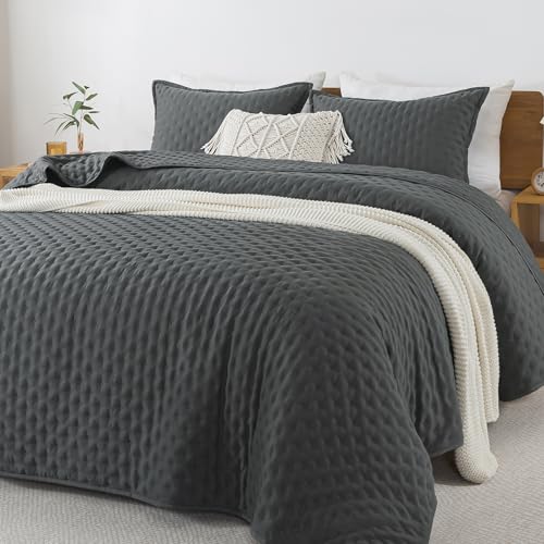 Image of Andency Dark Grey King Size Quilt Bedding Set (106x96 Inch), 3 Pieces Soft Lightweight Bedspread Coverlet, Drak Gray Boho Summer Quilt King Size for All Season(1 Quilt, 2 Pillow Shams)