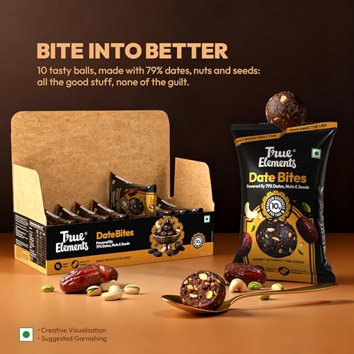 Image of True Elements Date Bites 150g (15g X 10 Packs) - Goodness of Nuts & Seeds | Sweetness of Jaggery Powder | Healthy Snacking | Energy Laddoo