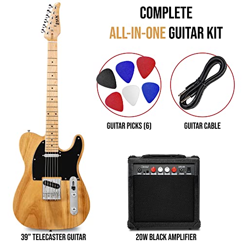 Lyxpro 39” Electric Telecaster Guitar Kit, 20 Watt Amp Speaker, Solid Full-Size Body, C-Shape Neck, Quality Gear Tuners, 3-Way Switch & Volume/Tone Controls, 12 Picks And Cable Included - Natural #TOP1