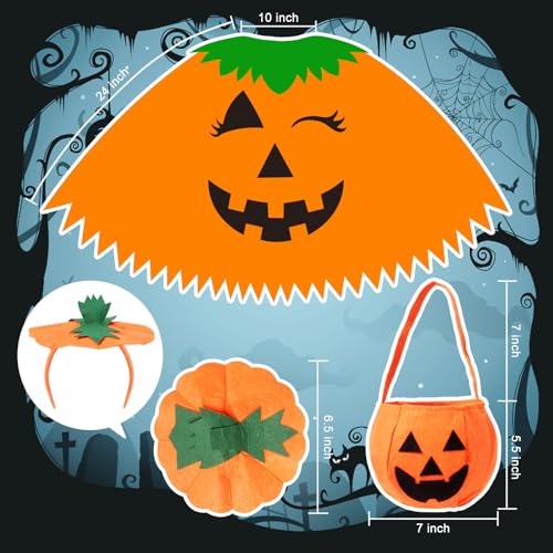WISHTEN 3PCS Halloween Pumpkin Costume for Girls,Pumpkin Poncho for Adults with Headband & Bag,Halloween Costume for Girls - Image 4