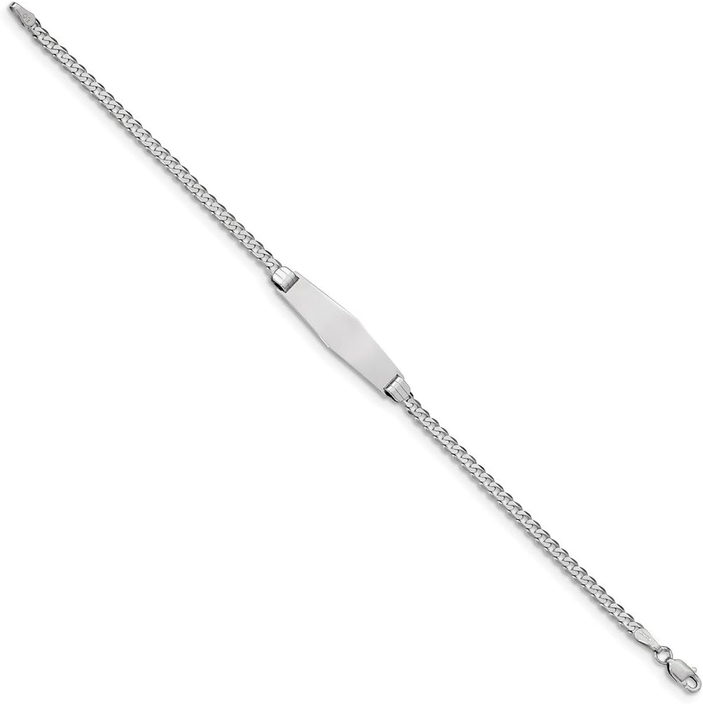 Solid 14k White Gold Flat Curb Cuban Link Soft Diamond-Shape ID Bracelet Engravable Identification Name Bar Tag - with Secure Lobster Lock Clasp 7" (Width = 7mm)