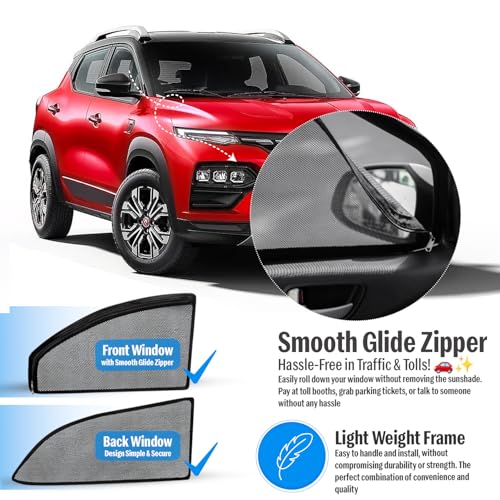 Image of Autofact Magnetic Car Sunshades Compatible with Renault Kiger (Set of 4) - Easy Installation, UV Protection, Keeps Car Cool (Front 2 with Zippers for Easy Access, Rear 2 Without Zippers)