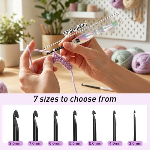HOMAR Ergonomic Crochet Hooks Set, 7 Sizes Resin Grips Handles with Smooth Aluminum Crochet Needles for Arthritic Hands, Beginners and Knitting & Crochet Lovers (3.0mm-8.0mm)